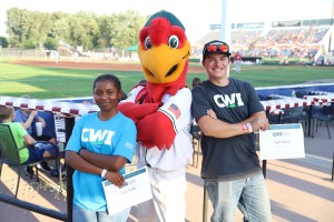 Scholarship recipients with Boise Hawks mascot. 