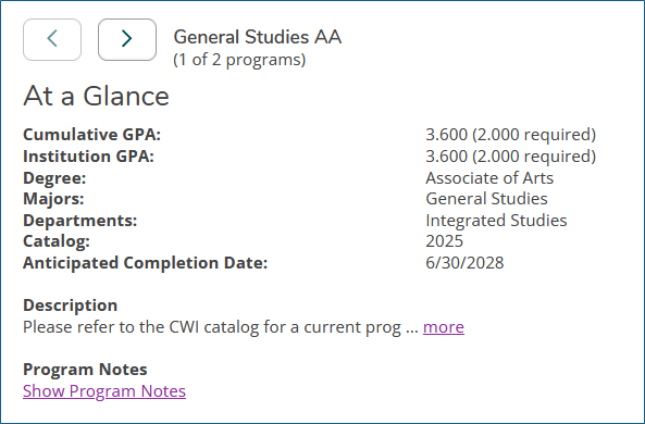 Sample of General Studies AA Student GPA screen