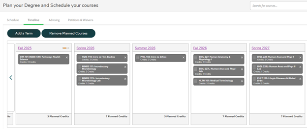 Example of student's degree plan in a calendar view
