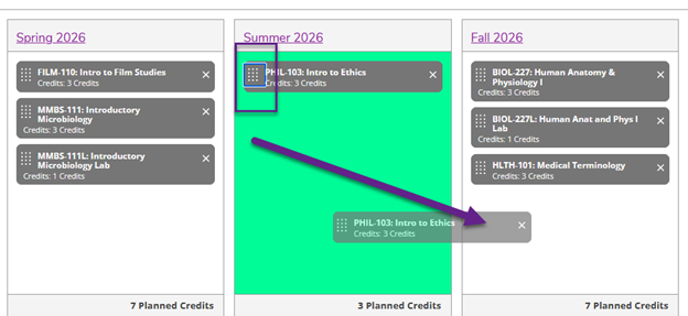 Example of student's degree plan in a calendar view where you can drag and drop courses