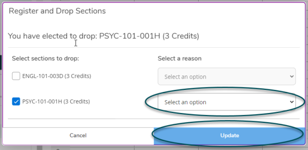 Screenshot of Register and Drop Sections Select and option click update button