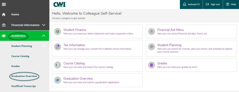 Screenshot of Graduation Application screen in Self-Service