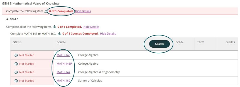 Screenshot of degree requirements in student planning