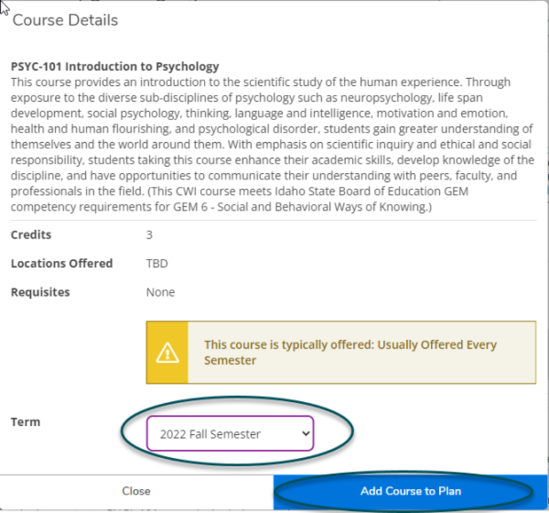 Spring Semester example of classes in Student Planning