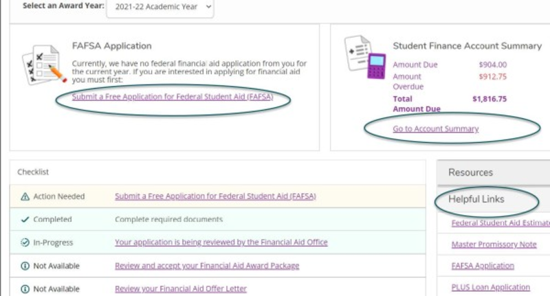 FAFSA, Account Summary, Helpful Links locations