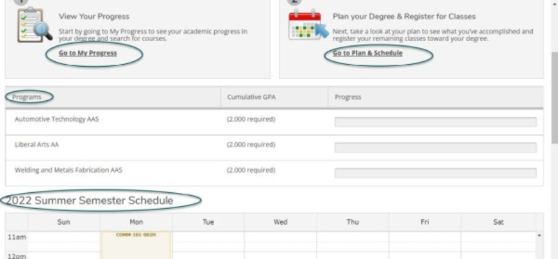 Links under student planning my progress, Plan and Schedule