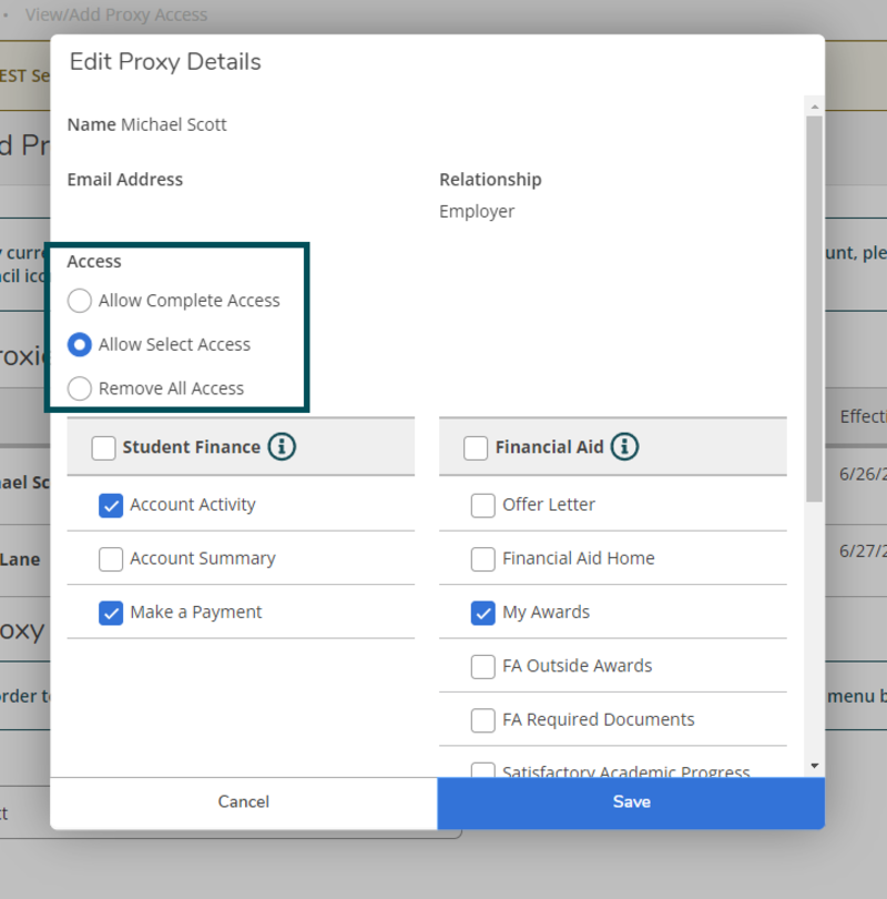 Photo showing proxy access allowed, and how to edit their current access