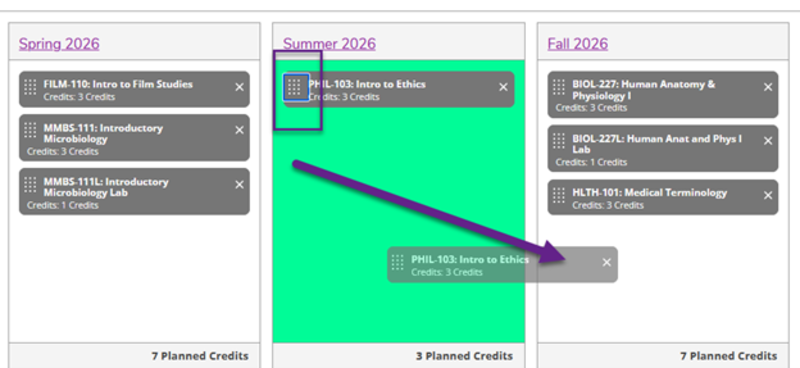 Example of student's degree plan in a calendar view where you can drag and drop courses