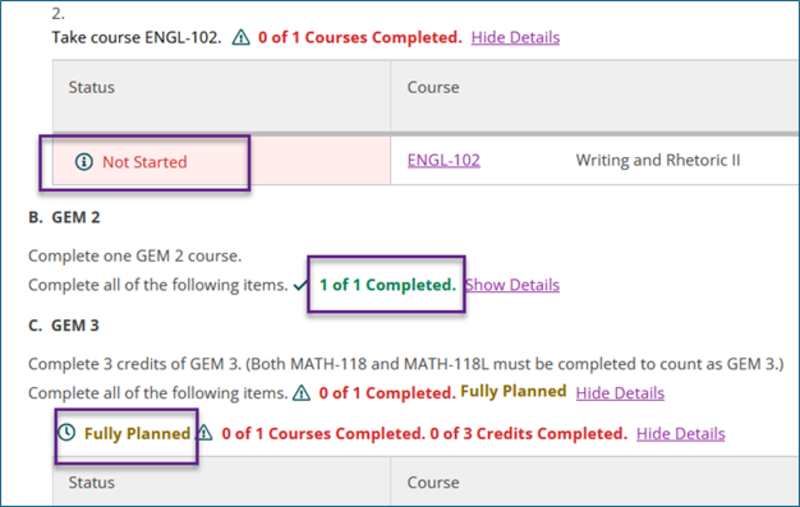 Sample of student's degree plan
