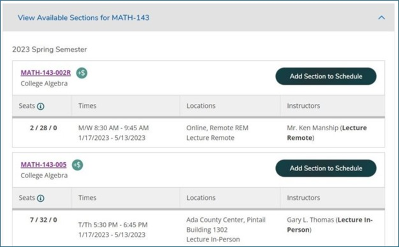 Course selection in My Progress in Student Planning