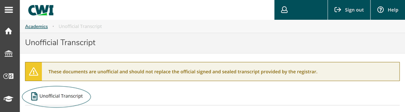 Unofficial Transcripts page in Self-Service