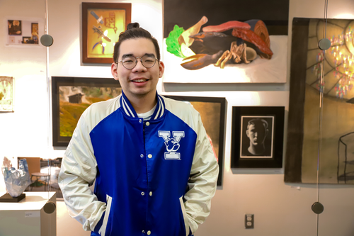 Khanh Dang next to his artwork (top right), Flesh and Raw