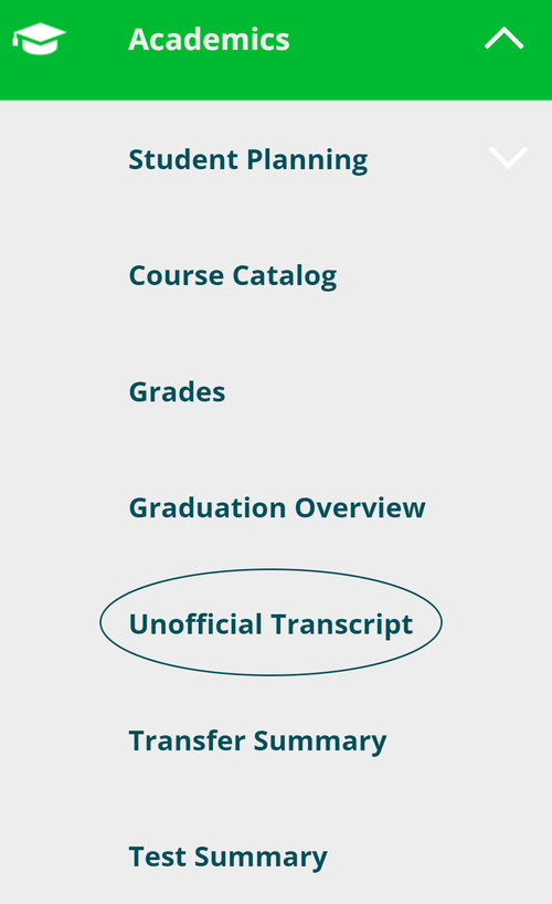 Academic menu in Self-Service