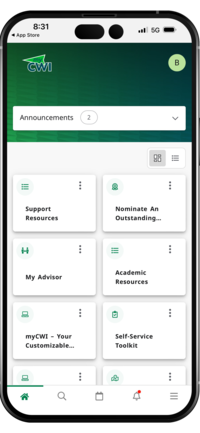 myCWI mobile app home screen