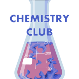 chemistry club text over a chemistry beaker filled with pink and purple liquid