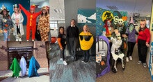 A collage of staff members dressed up in Halloween costumes.