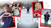 Five Speech and Debate alumni making heart shapes with their hands