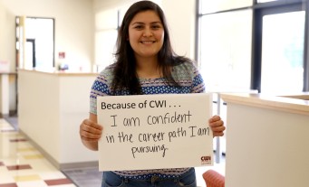 CWI Student with Because of CWI sign "I am confident in the career path I am pursing".