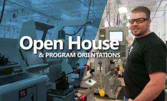 Open House & Program Orientations post card with male student in machine lab.