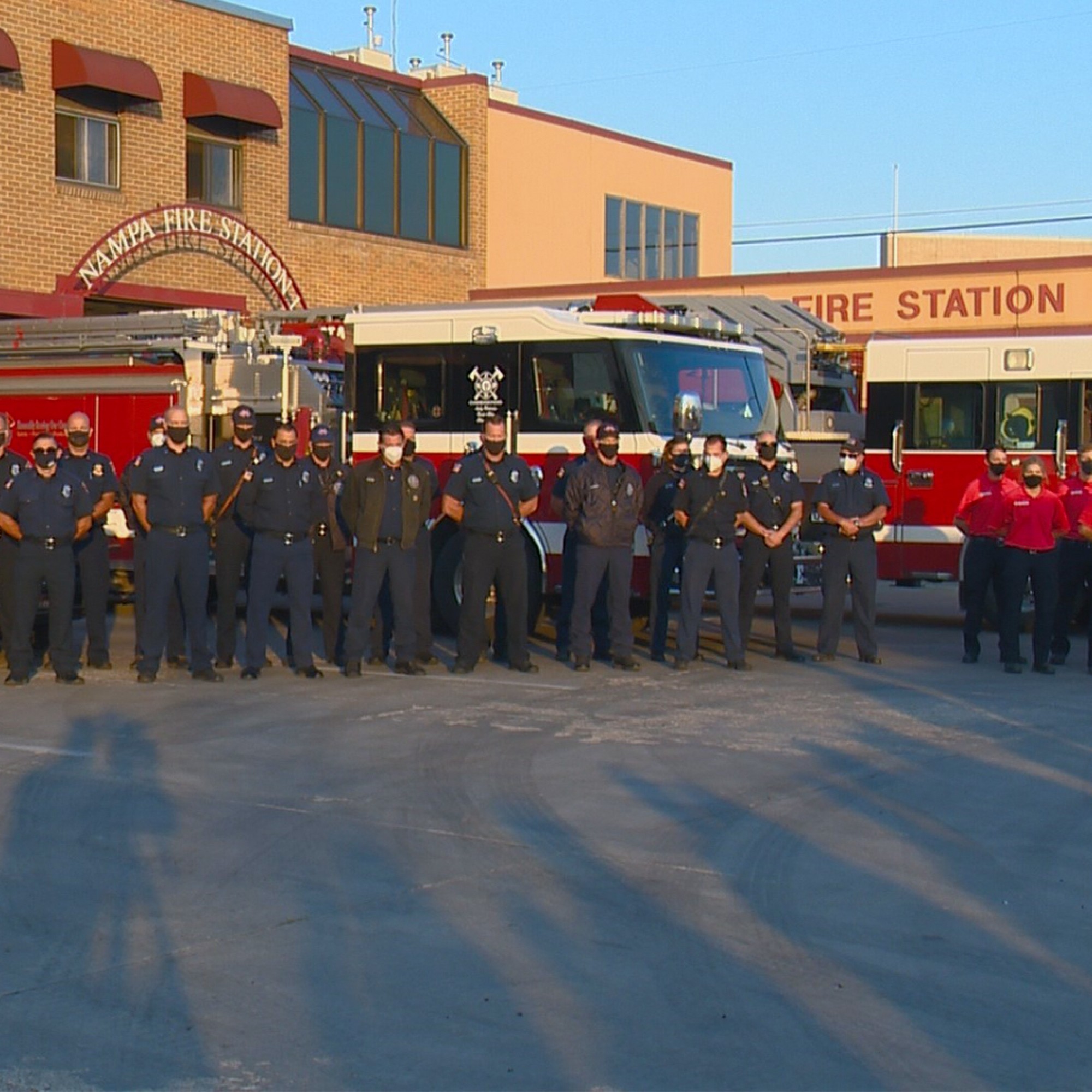 CWI Fire Service students and local first responders standing outside Nampa Fire Station #1