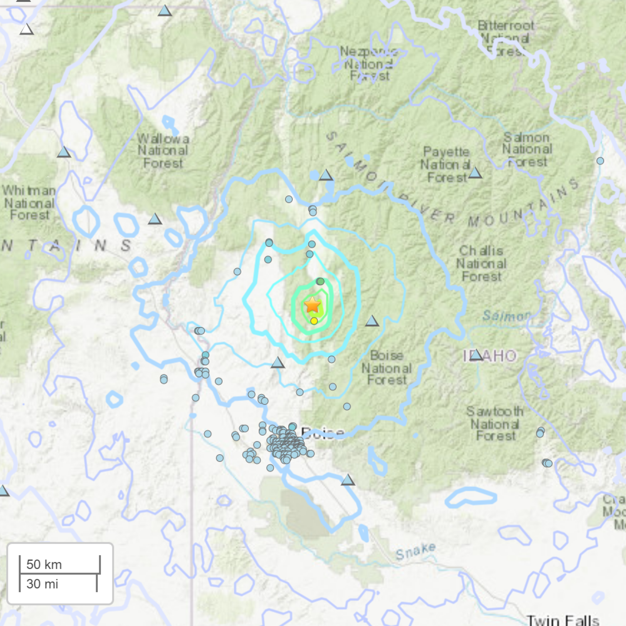 A topographic map of western Idaho displays the location and magnitude of the 4.9 earthquake.