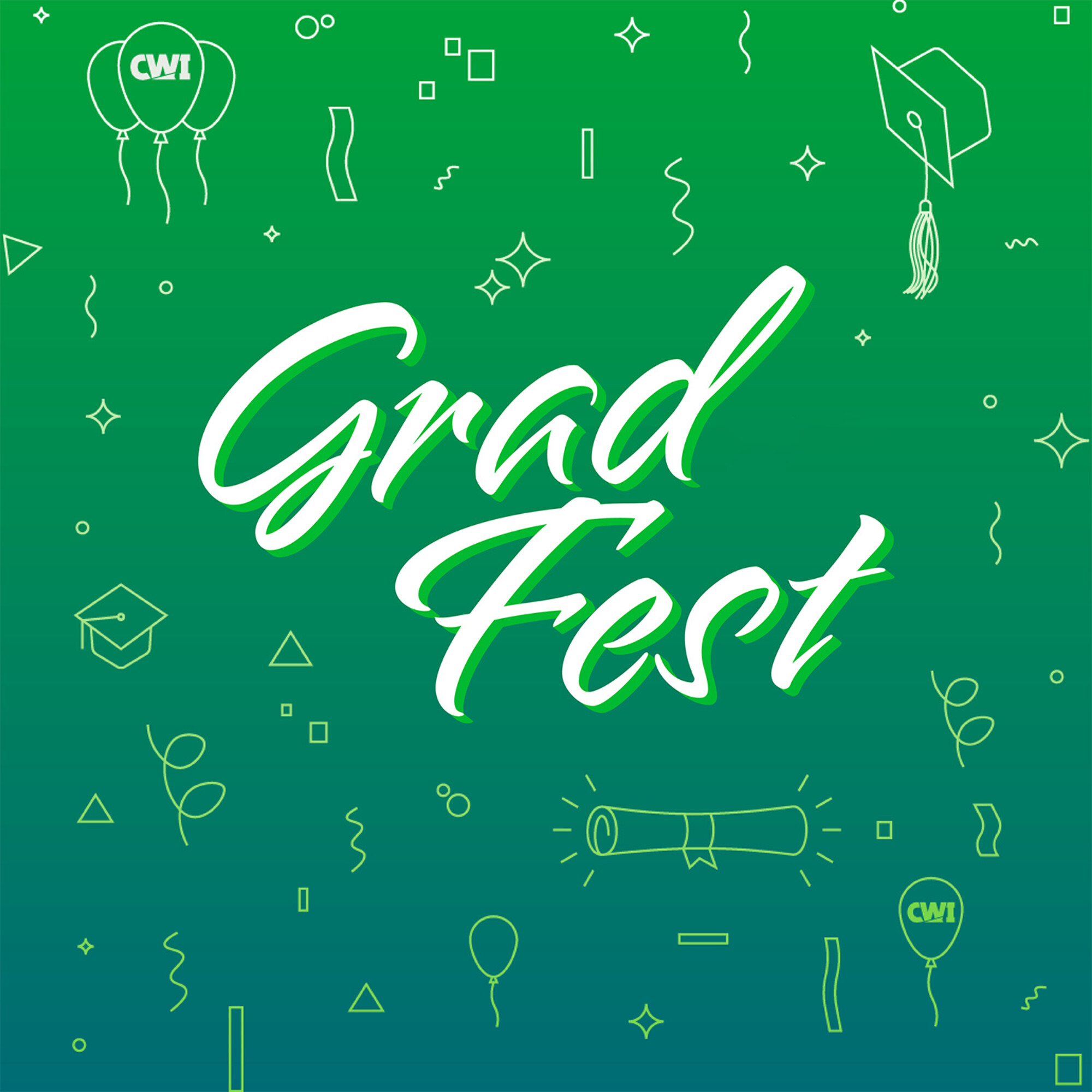 The words "Grad Fest" lay over a green and blue gradient graphic with balloons, diplomas, and other graduation icons.