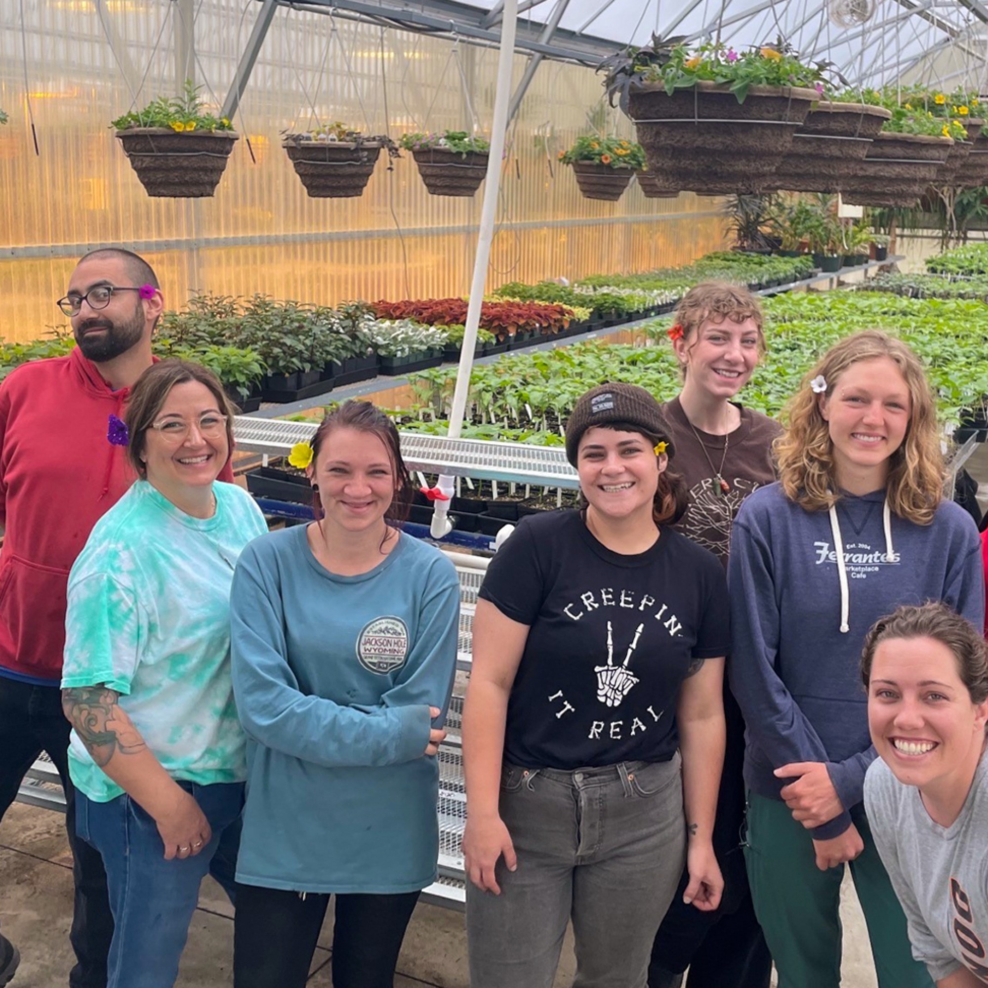 Horticulture students in a greenhouse