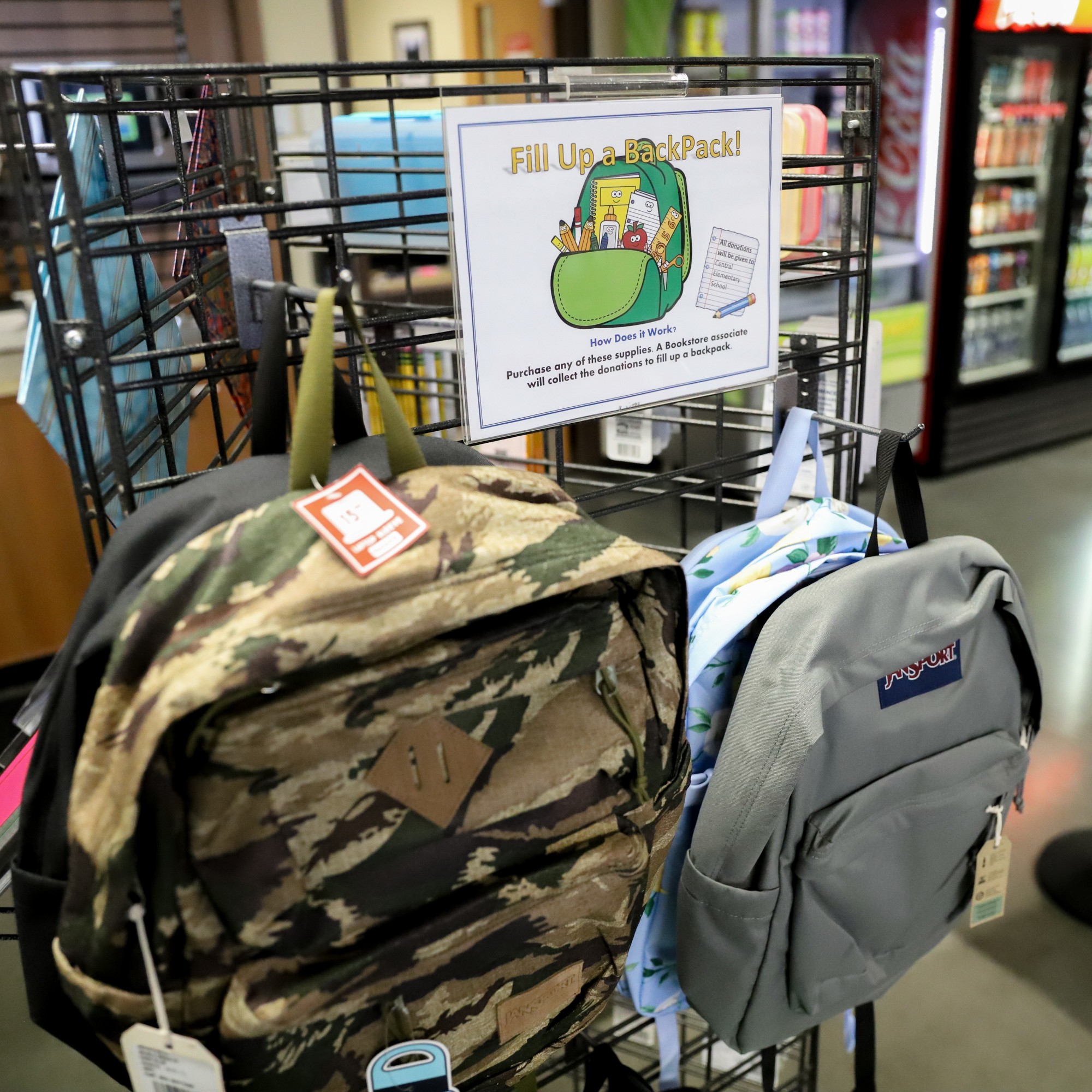 Bookstore donated backpacks for school supplies