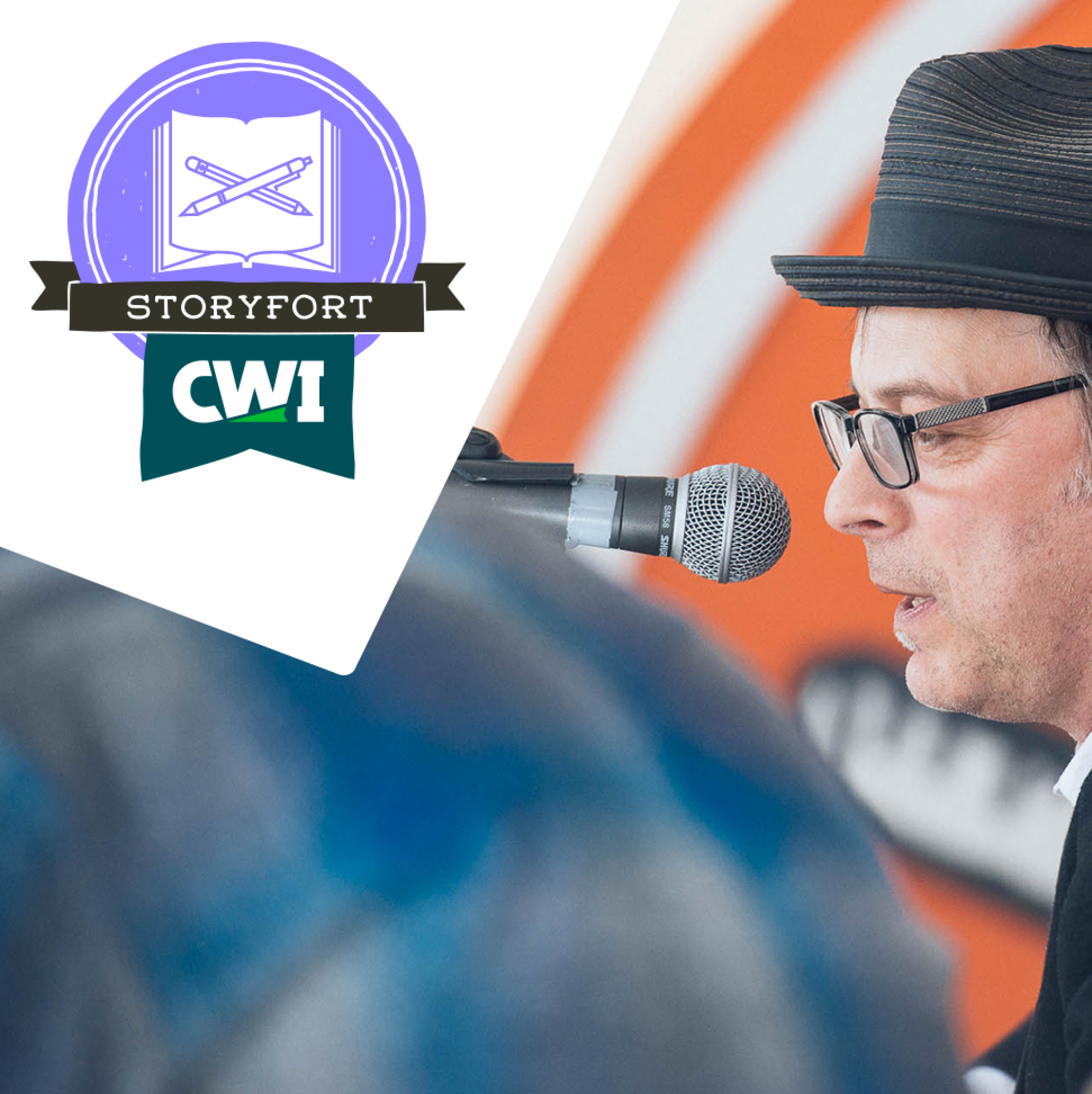 Storyfort and CWI logo, photo of author speaking into a microphone