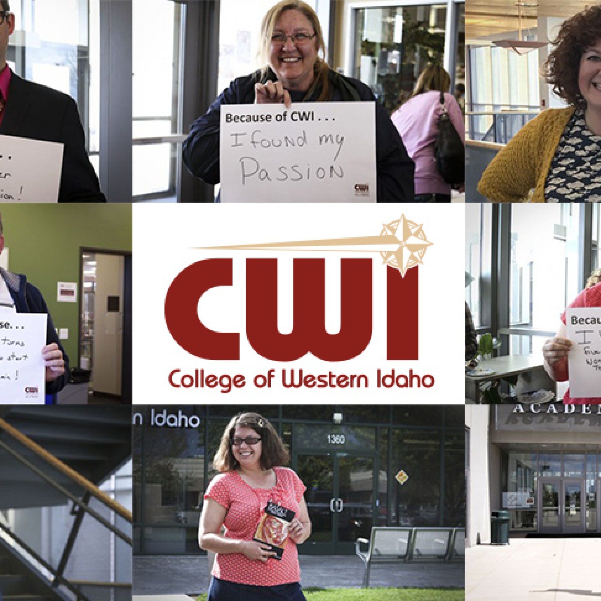 Collage of students with Because of CWI signs with personal messages
