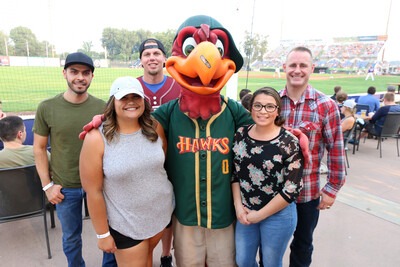 Alumni with Humphrey the Hawk at the 2018 CWI Night at the Boise Hawks