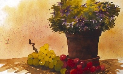 Artwork of a potted plant and grapes. 