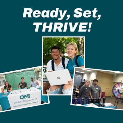 Ready, Set, THRIVE! Three pictures of people at events smiling at the camera.