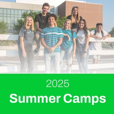 2025 Summer Camps and a group of students gathered at a fence