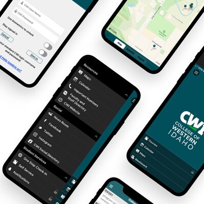 Several phone screens showing CWIs new mobile app