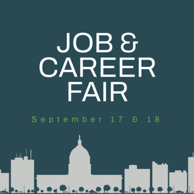 A graphic featuring a cutout of the Boise, ID skyline advertising the Job and Career Fair at CWI.