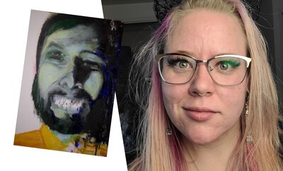 Fii Hoynacki, 2020 Juried Art Show Winner, alongside her oil painting, Not Enough