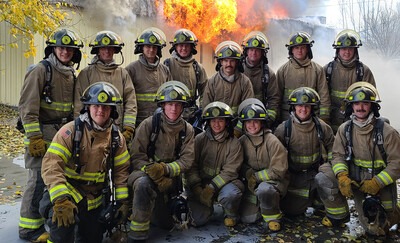 Fire Service Technology Students dressed in firefighting gear near a fire