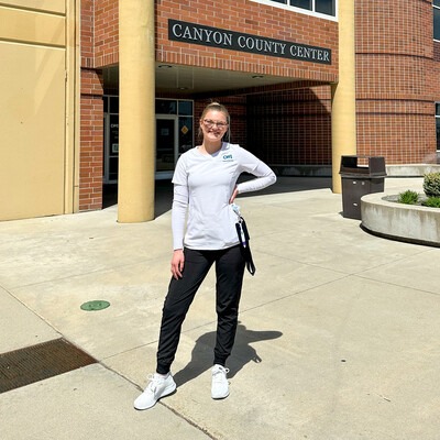 Kendra Zirschky in front of Canyon County Center