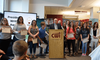 2019 President's Writing Award winners with President Glandon during the 2019 Connections Project