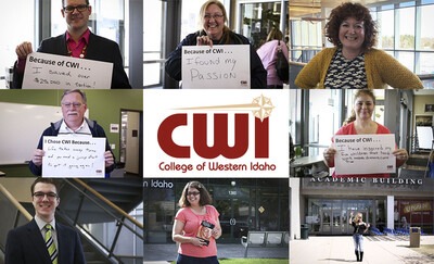 Collage of students with Because of CWI signs with personal messages