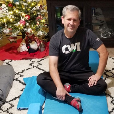 Employee Wellness Challenge participant, Ted Daniels, ready for some yoga