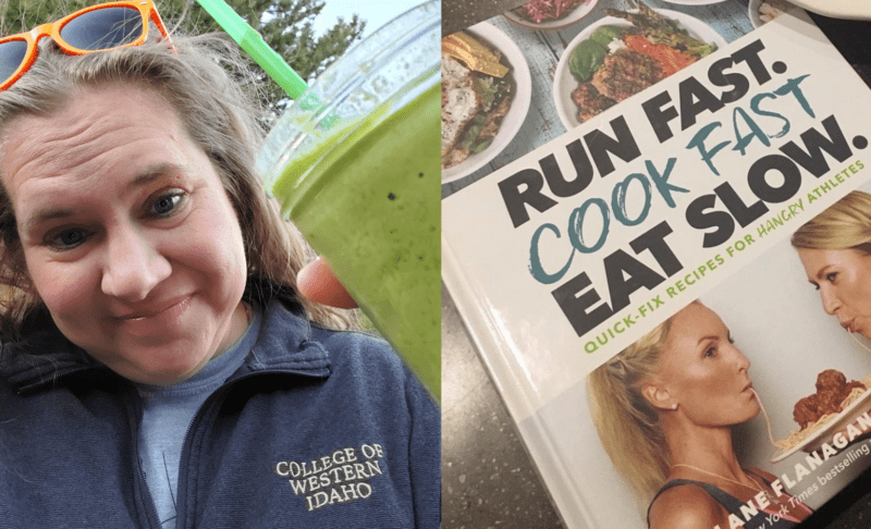CWI Employee, Erica Compton, holding a green smoothie alongside a picture of the cookbook, “Run Fast. Cook Fast. Eat Slow”. 