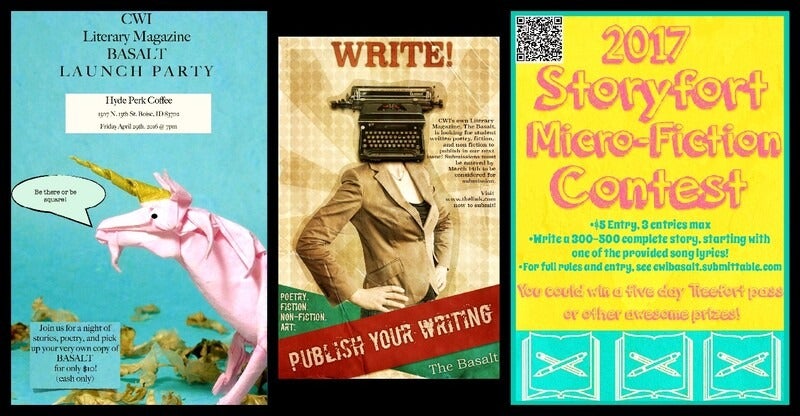 Three covers of the CWI’s literary magazine, Basalt