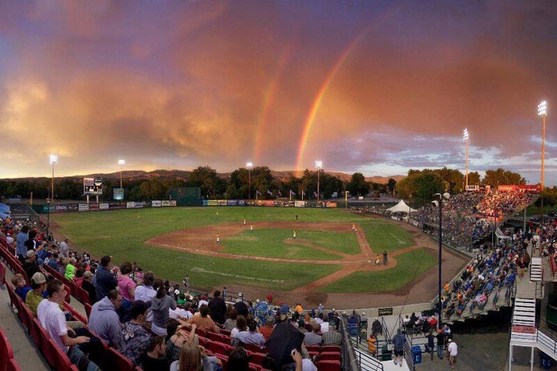 Boise Hawks baseball field with a double rainbow in the sky