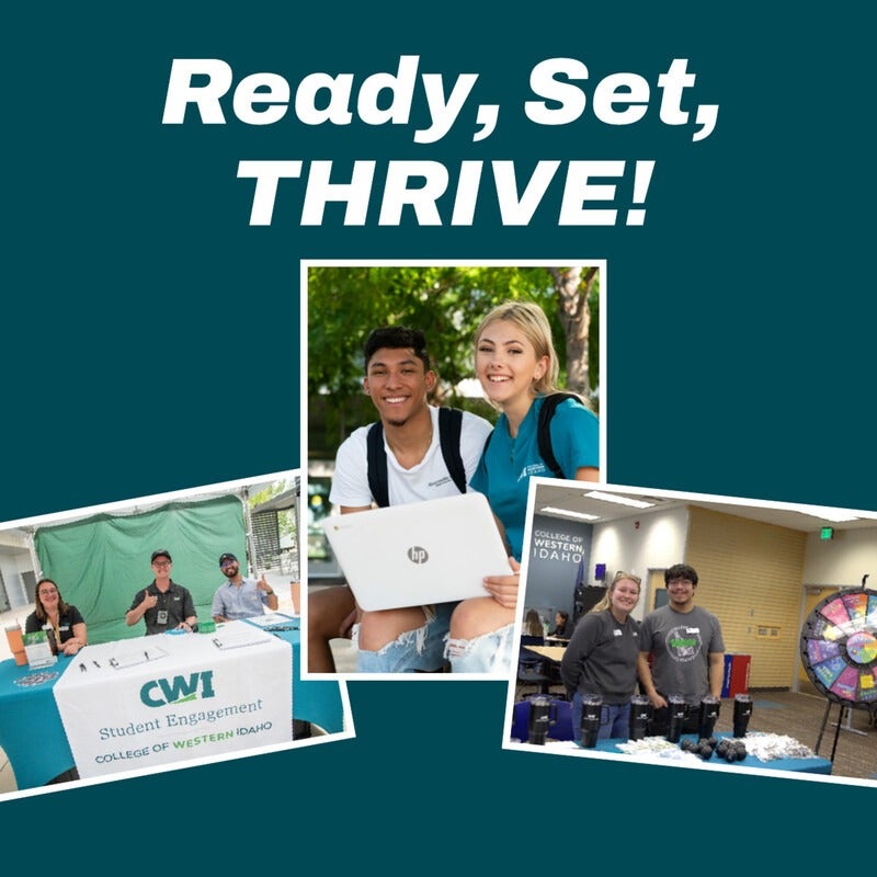 Ready, Set, THRIVE! Three pictures of people at events smiling at the camera.