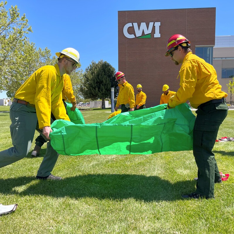 Wildland fire recruits training outside the Nampa Campus Academic Building