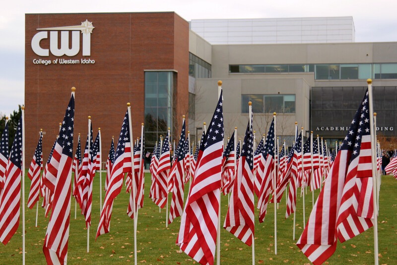Flag display in front of the Nampa Campus Academic Building