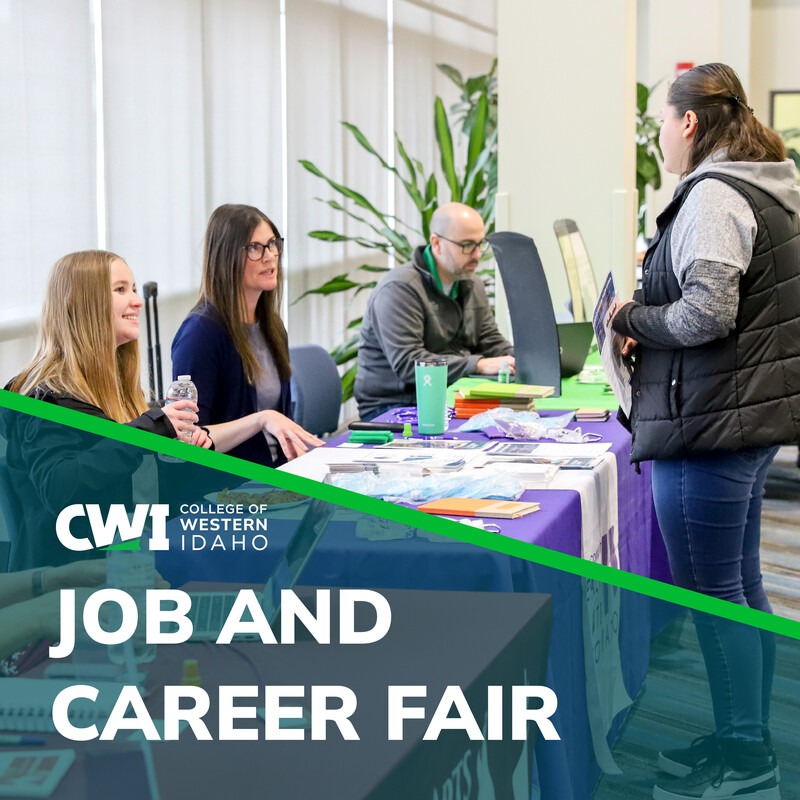 CWI College of Western Idaho Job and Career Fair graphic with employers interviewing someone at a booth