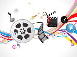 Graphic of film reel, color ribbons, and music notes